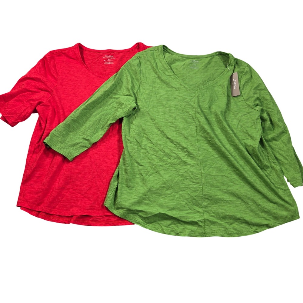 Chicos The Ultimate Tee Bundle Size 3 XL Red Green Short Sleeve 3/4 Sleeve NWT